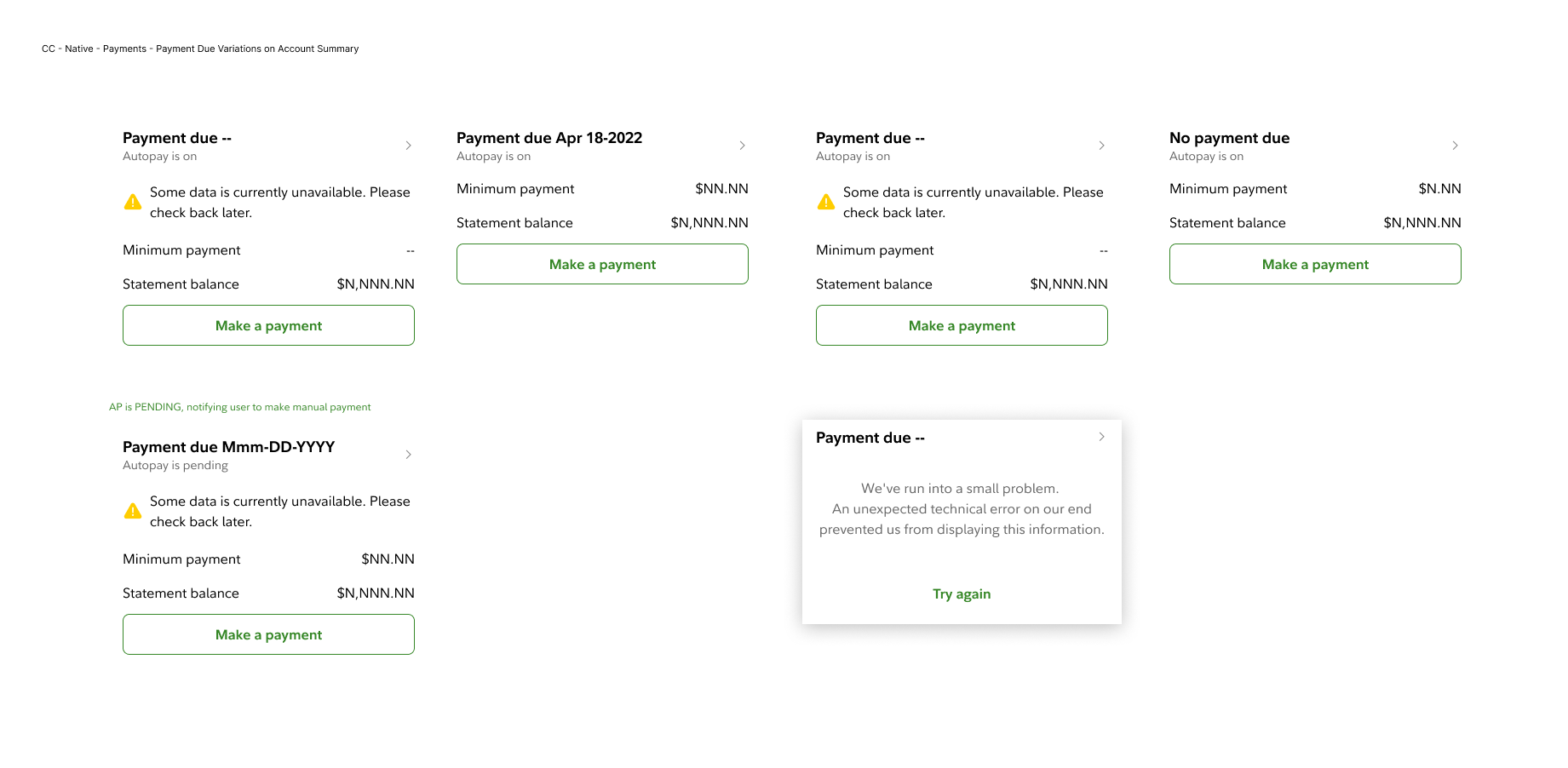 Other CC Native Payments Payment Due Variations on Account Summary