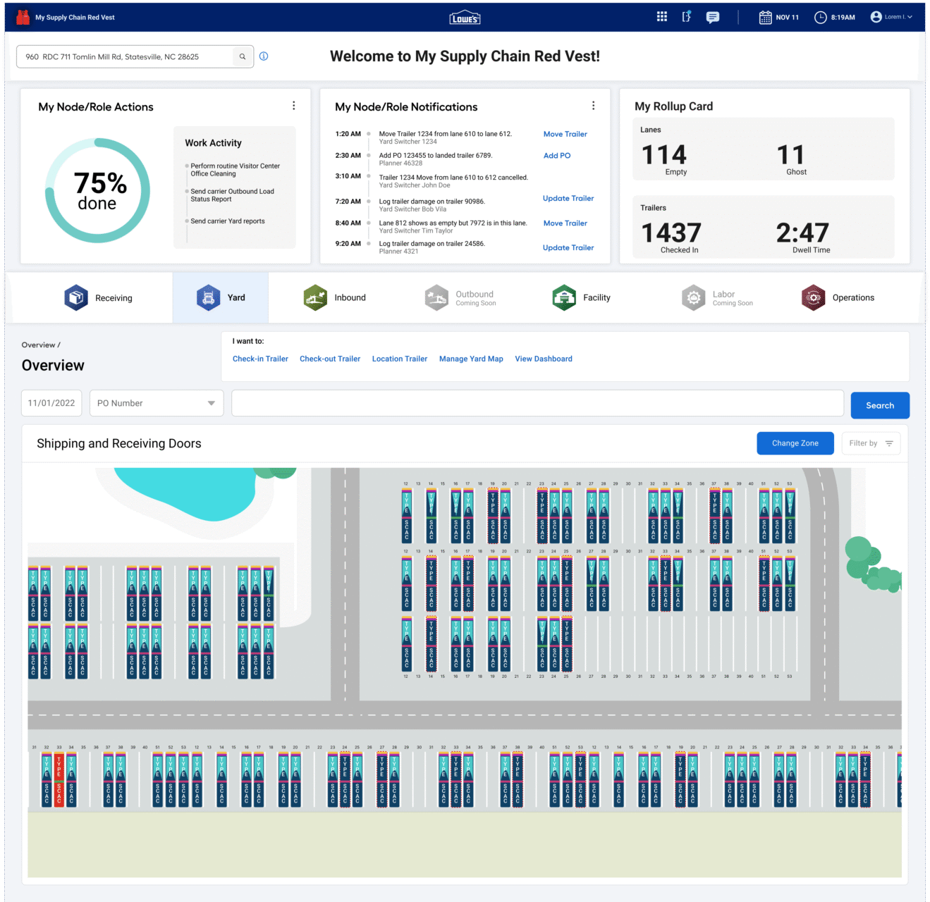 Lowes hifi node view yard role check in po list landed pos 2