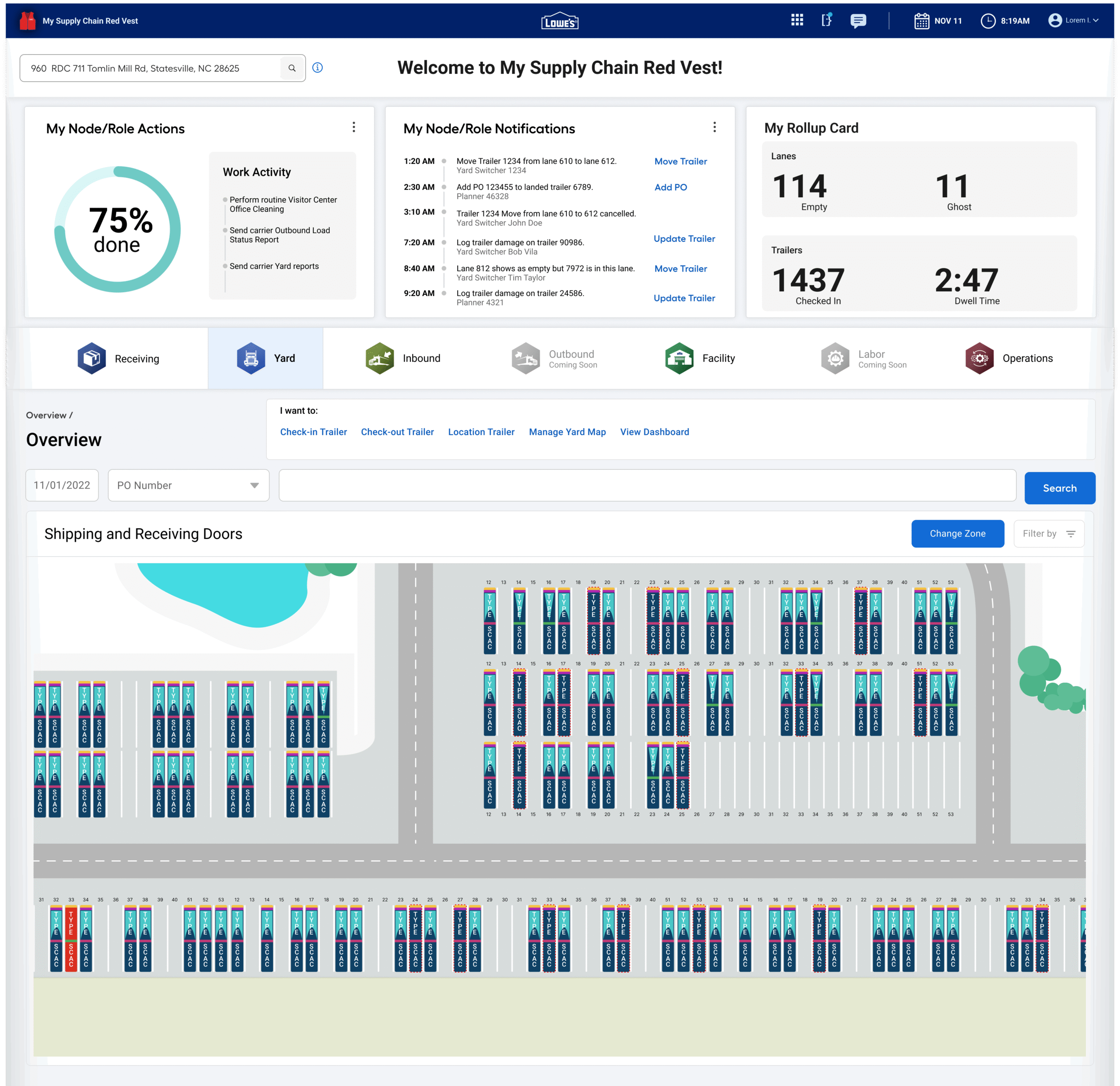 Lowes hifi node view yard role check in po list landed pos 2
