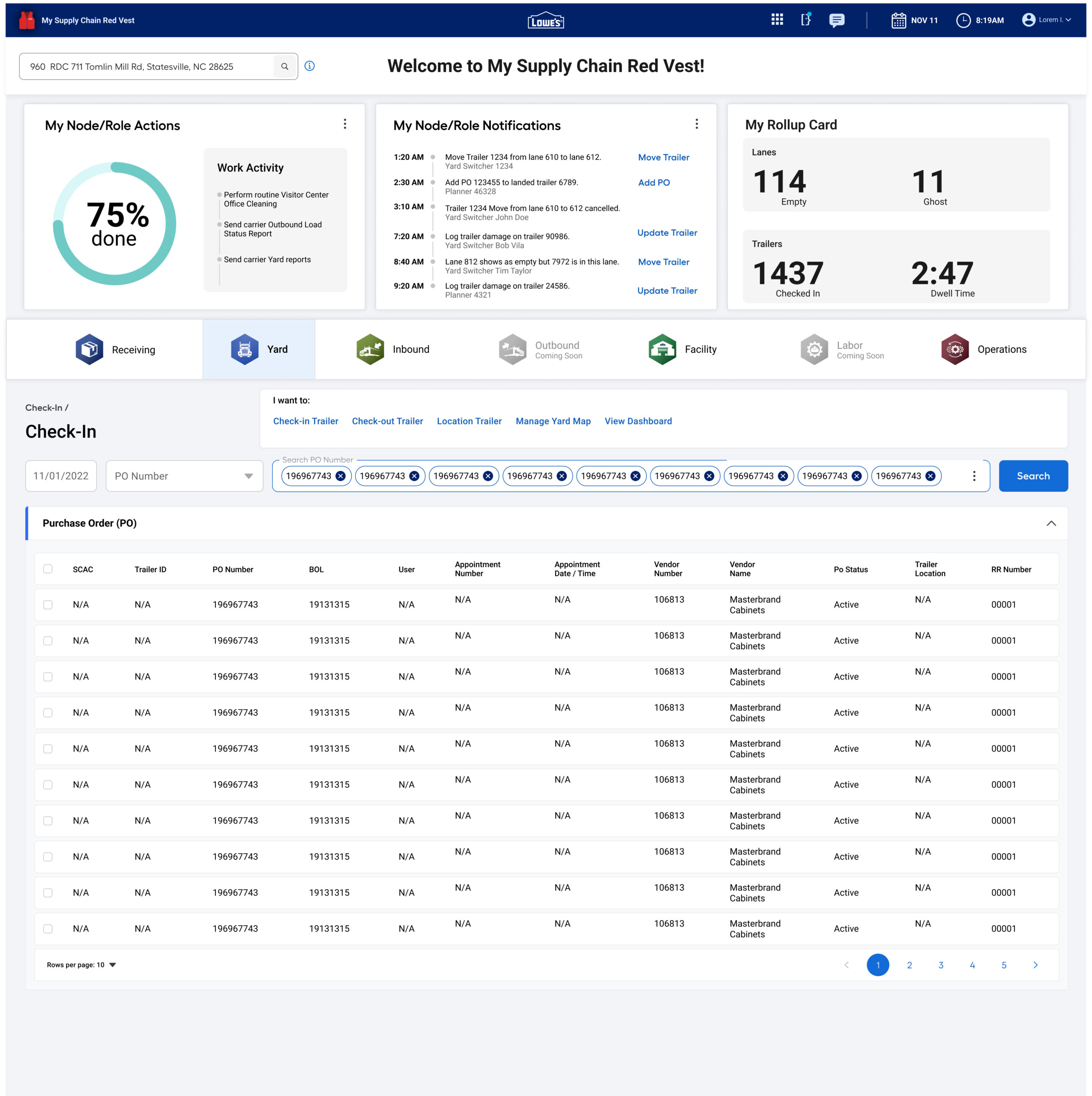 Lowes hifi node view yard role check in po list